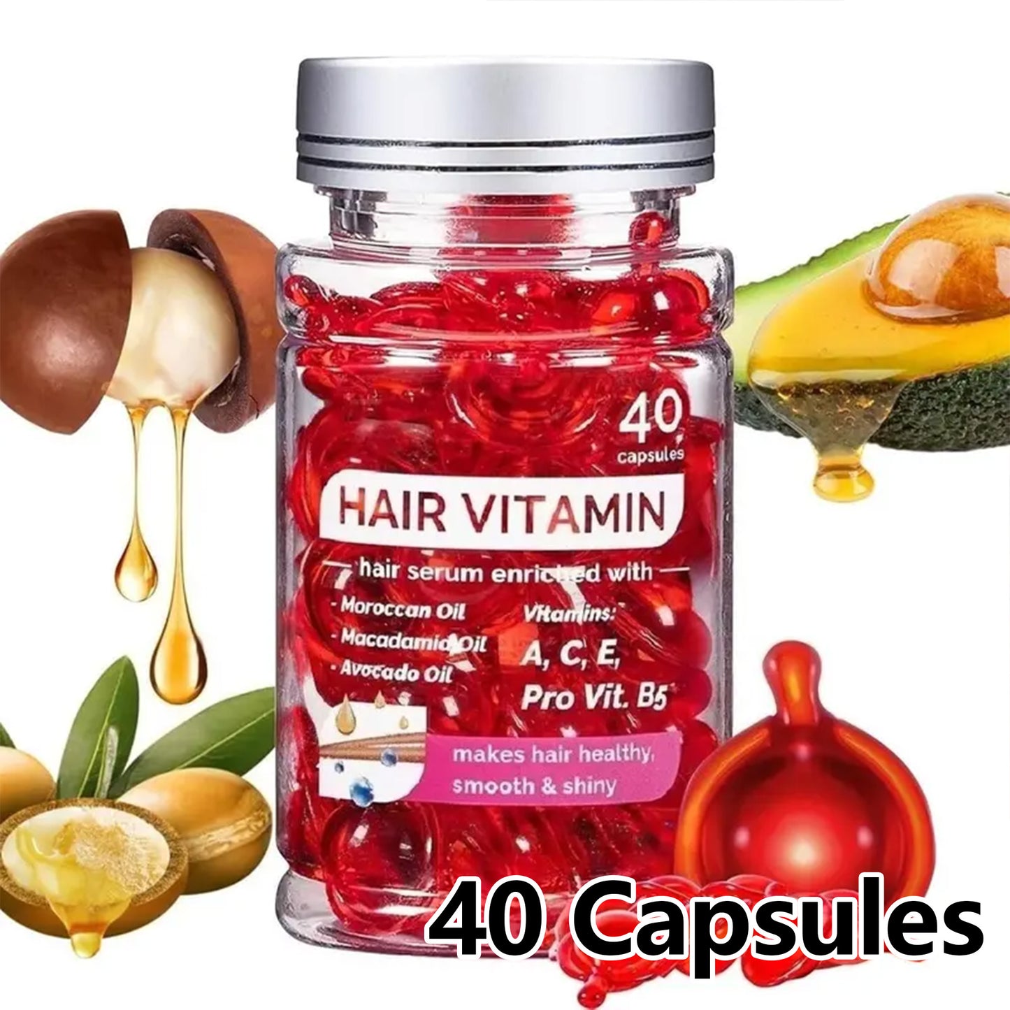 40 Capsules Hair Oil With Argan Avocado & Moroccan Oil - Hair Vitamins A C E Pro B5