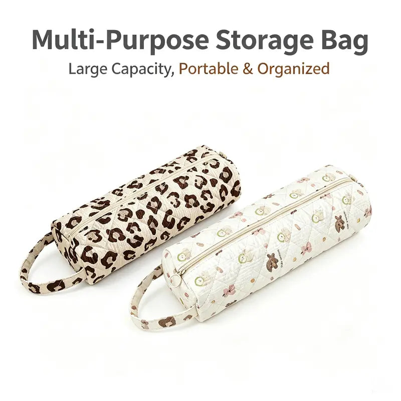 Quilted Multi‑Purpose Storage Bag, Portable Zipper Cosmetic Makeup Pouch with Handle
