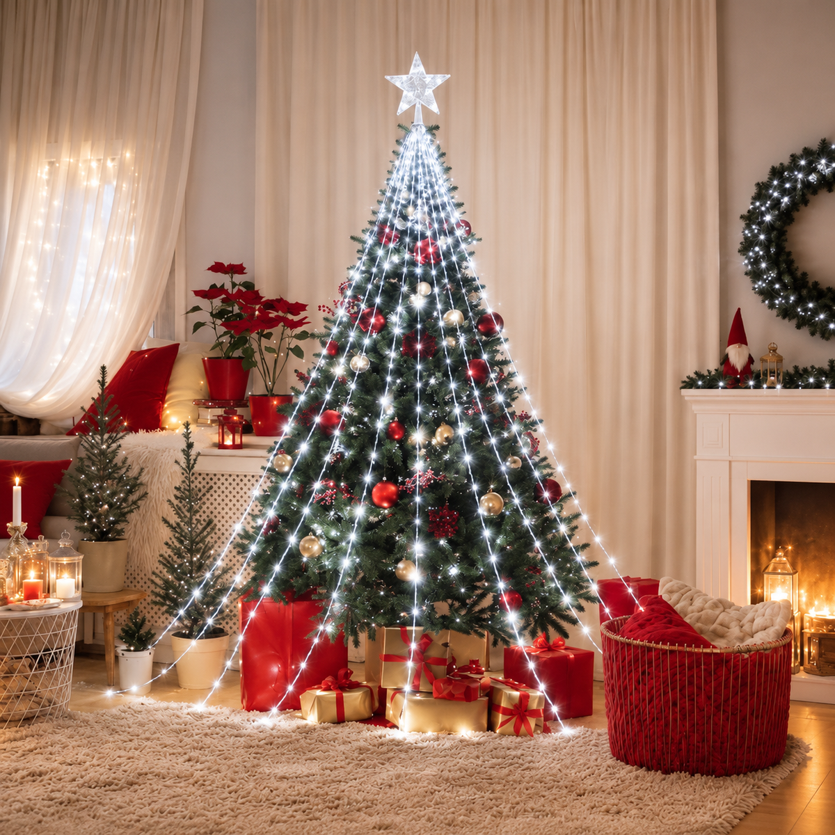 Christmas Tree Lights with Star Topper, 400LED Christmas String Lights with Ring for Tree, 6.6FT x 12Lines Fairy Lights with 8 Modes Timer Remote