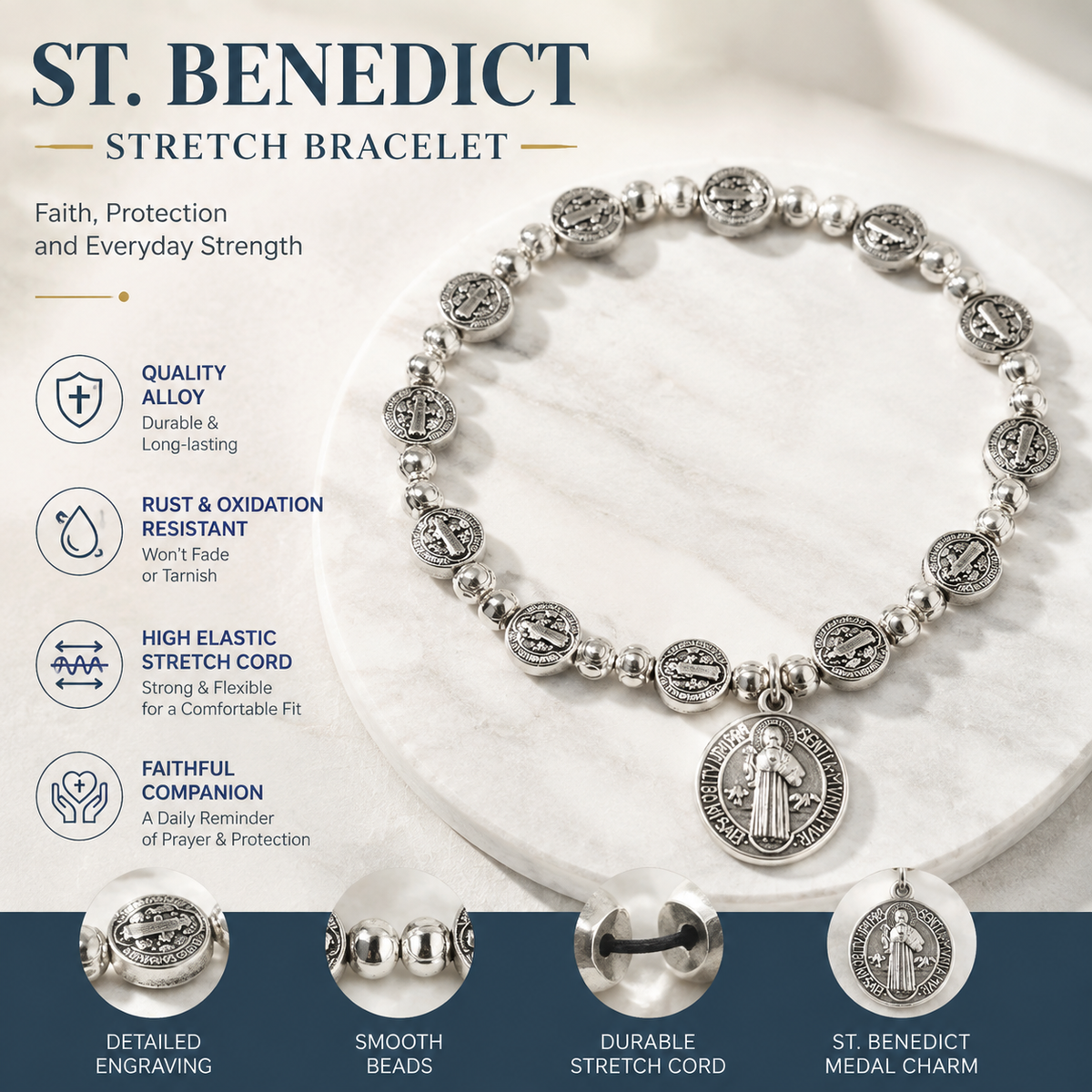 Catholic Rosary Metal Bracelet Saint Benedict Medal Bracelet for Men and Women Faith Baptism silvery