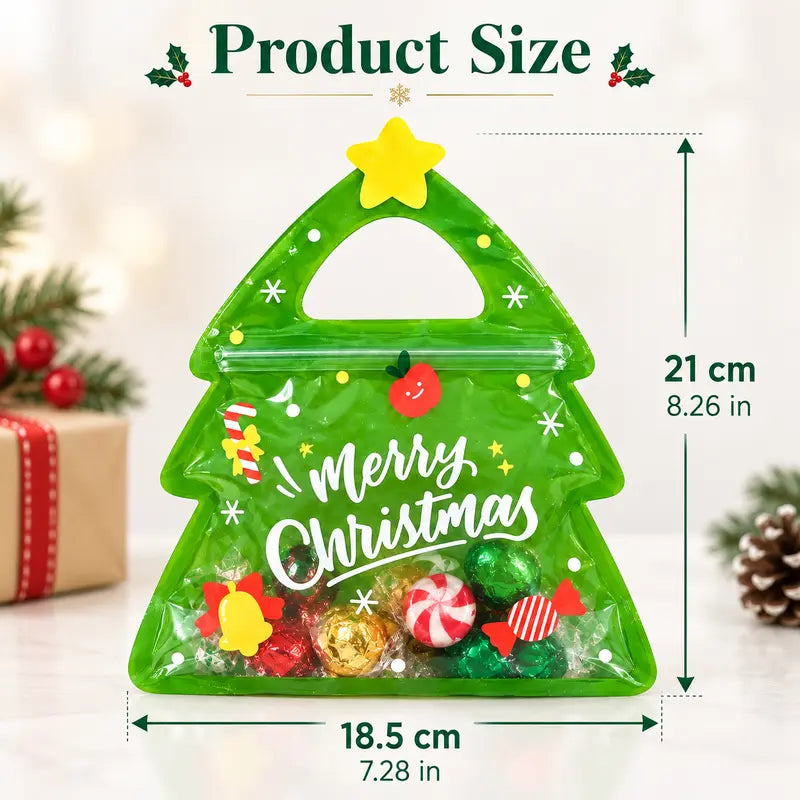 30 Pcs Christmas Party Candy Resealable Bags, Christmas Tree Shaped Plastic Zipper Snack Bags with Handles