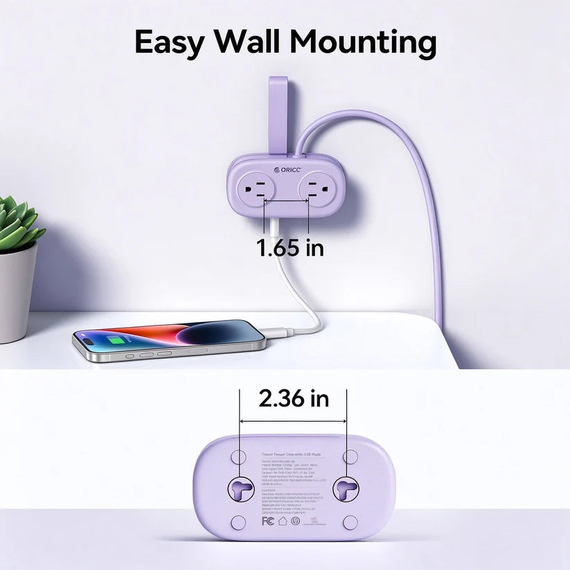 ORICO Purple Travel Power Strip with 4 AC Outlets 3 USB Ports