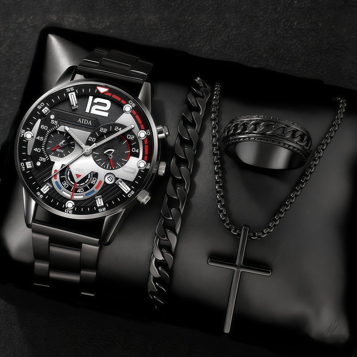Men's 4-Piece Minimalist Quartz Watch Jewelry Set - Includes Bracelet, Necklace, Ring, Elegant Gift Box