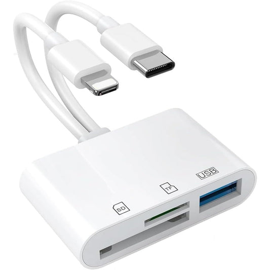 SD Card Reader for iPhone, Apple + Type-C Dual-Cable 3-in-1 USB C Lightning Dual Port SD Card Adapter