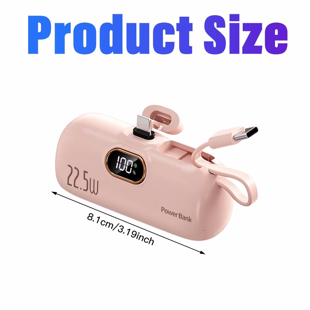22.5W Fast Charging Mini Capsule Power Bank — 5000mAh Built-in Cables, LED Display