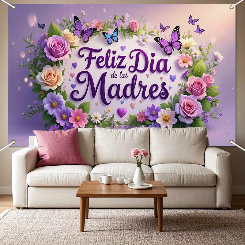 Spanish Mother's Day Banner with Colorful Roses & Glittering Butterflies - 180*110cm