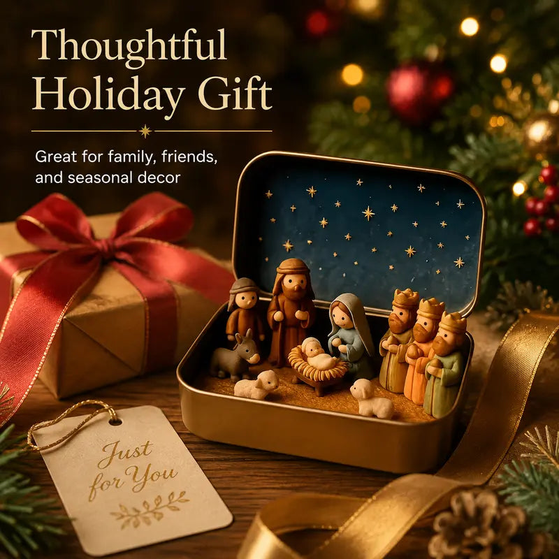 Religious Pocket-Size Mini Nativity Scene Set with Storage Box