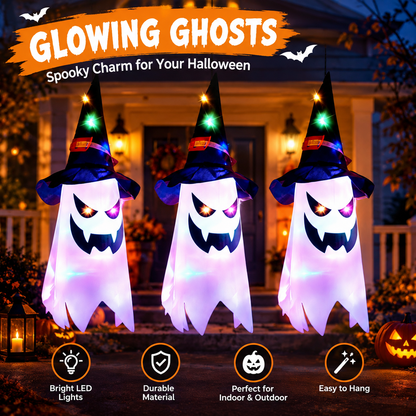 3Pcs Halloween Hanging Lighted Glowing Ghost Witch Hat Indoor Outside Ornaments