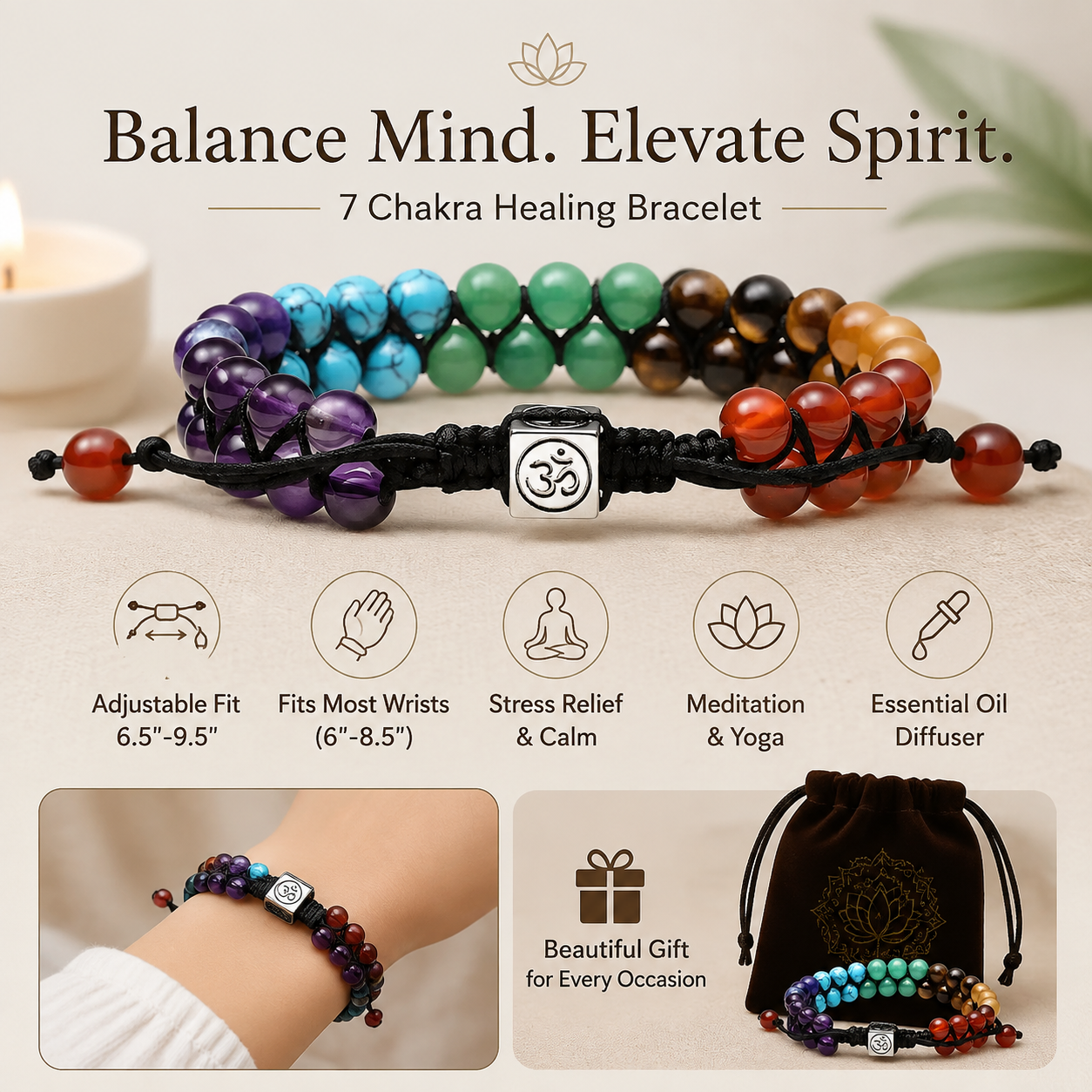 7 Chakra Beaded Bracelets Anxiety Jewelry | Natural Gemstones Alloy Pendant Adjustable