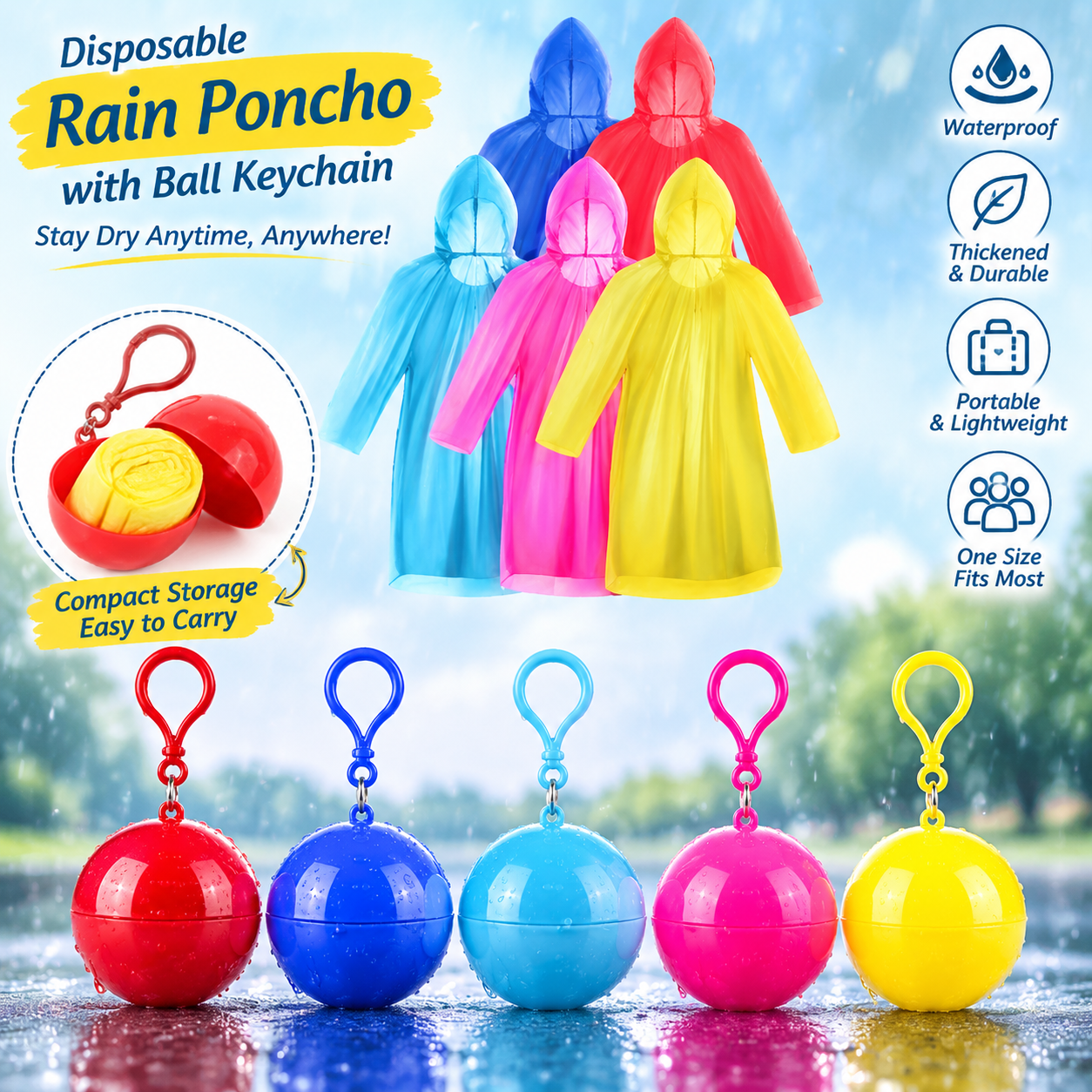 5Pcs Portable Disposable Emergency Raincoats Waterproof Rain Poncho in A Ball