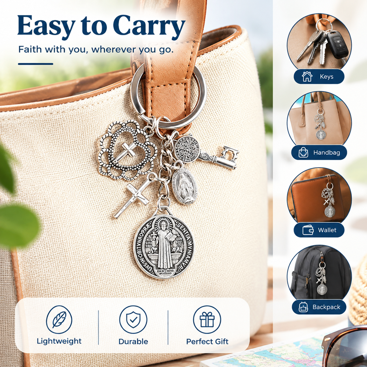 2Pcs St. Benedictine Virgin Mary Cross Keychain with Circle Pendant - Perfect Small Gift