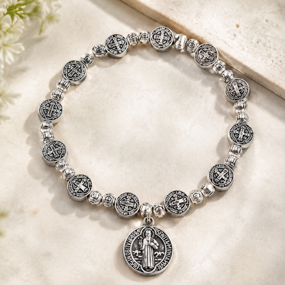 Catholic Rosary Metal Bracelet Saint Benedict Medal Bracelet for Men and Women Faith Baptism silvery