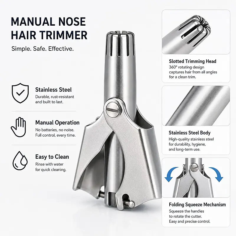 2Pcs Stainless Steel Manual Nose Hair Trimmer for Men & Women