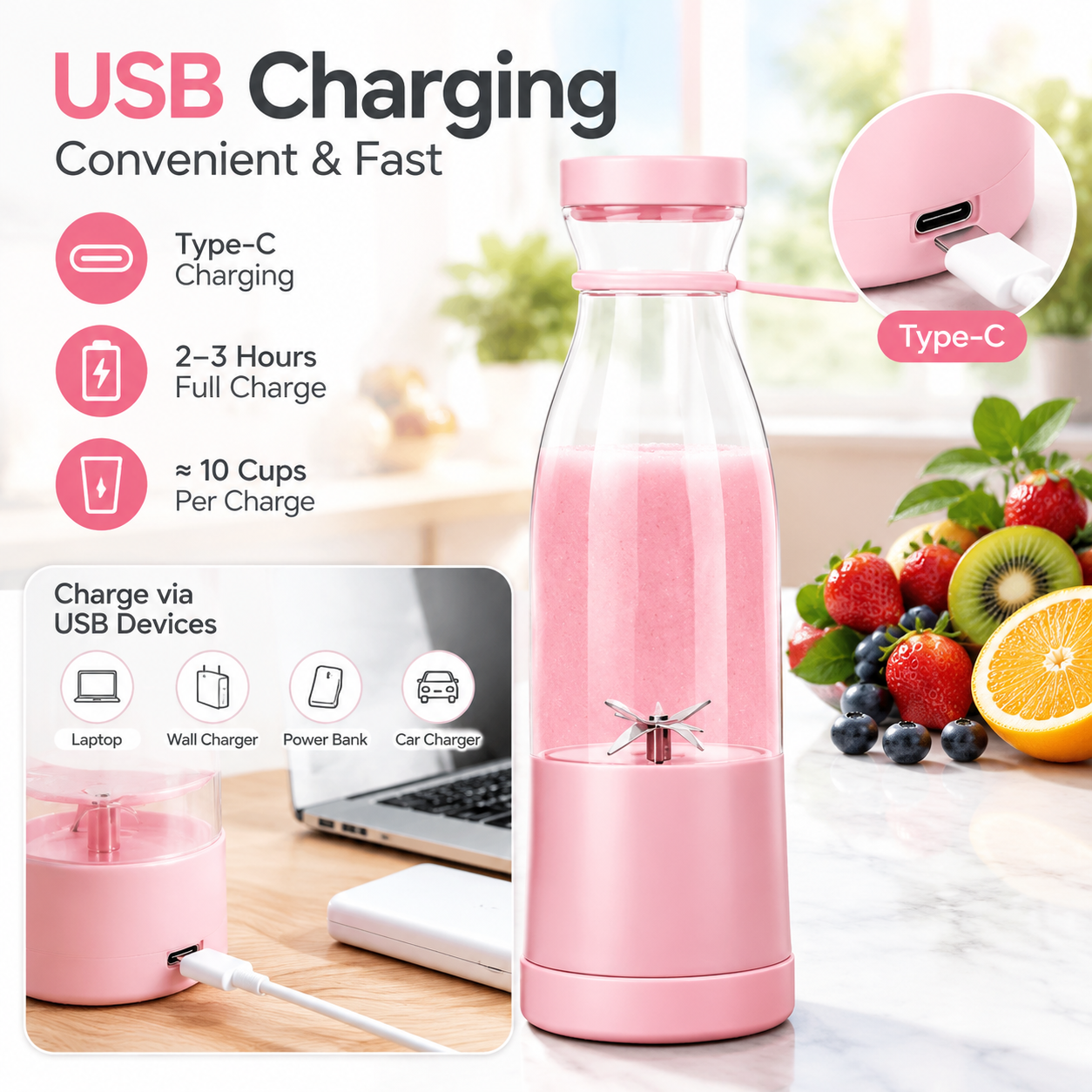 Portable Electric Juicer Bottle |Wireless Rechargeable Travel Blender Milkshakes Juicer
