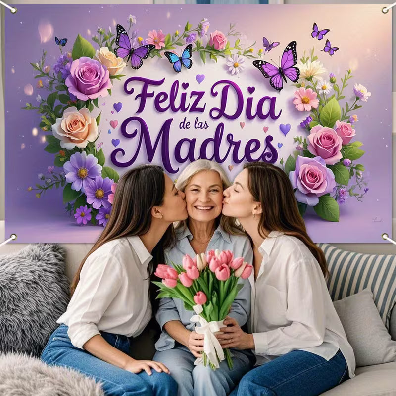 Spanish Mother's Day Banner with Colorful Roses & Glittering Butterflies - 180*110cm