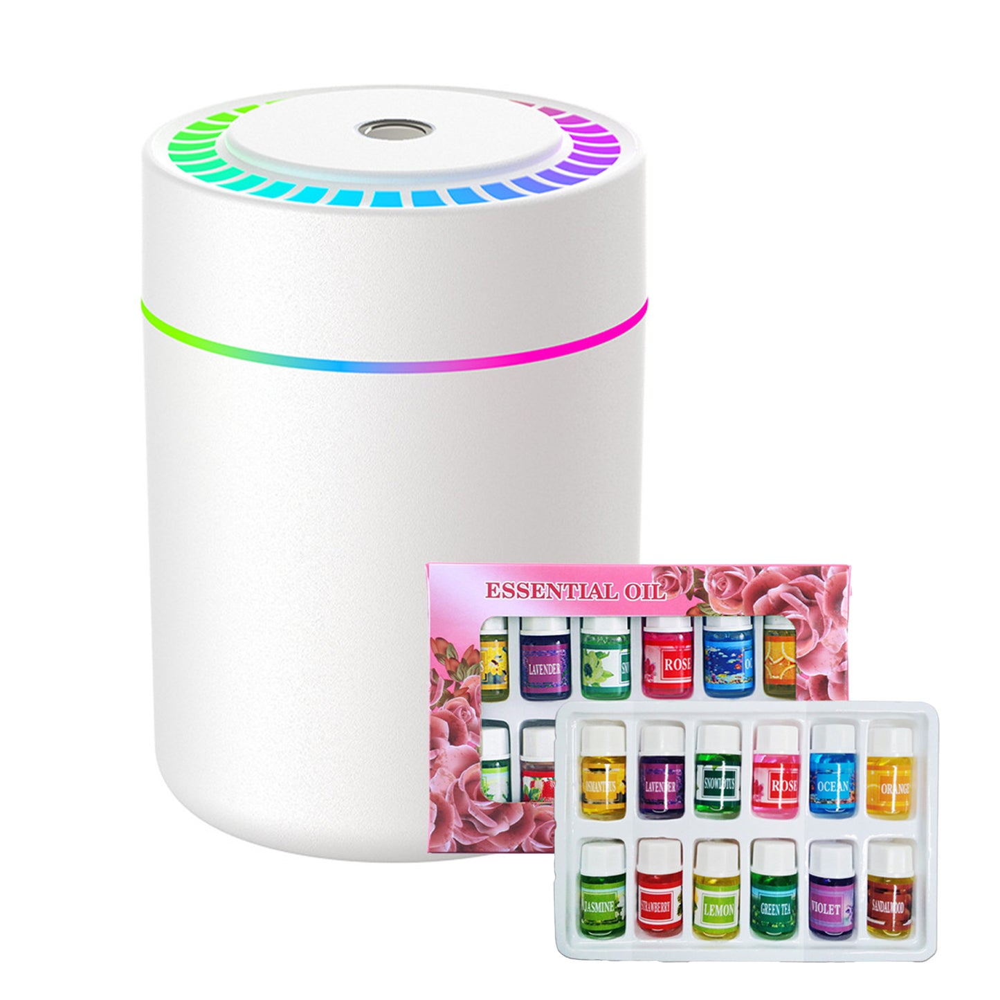 Portable Small Humidifier with Colorful LED Night Light, 12 Floral Water-Soluble Essential Oils Set