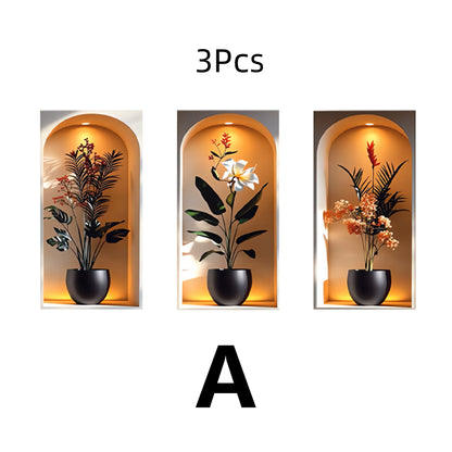 3Pcs Elegant Tropical Plant Niche Wall Stickers, Arch Display Window Theme Exotic Leaf Floral Fake Window Scene