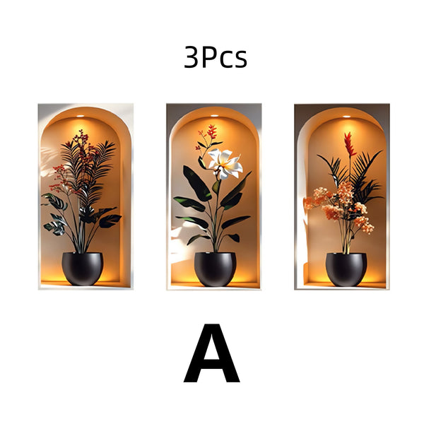 3Pcs Elegant Tropical Plant Niche Wall Stickers, Arch Display Window Theme Exotic Leaf Floral Fake Window Scene