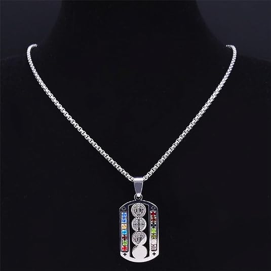 Crystal Saint Benedict Pendant Necklace Silver Color Christian Necklaces Jewelry