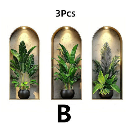3Pcs Elegant Tropical Plant Niche Wall Stickers, Arch Display Window Theme Exotic Leaf Floral Fake Window Scene
