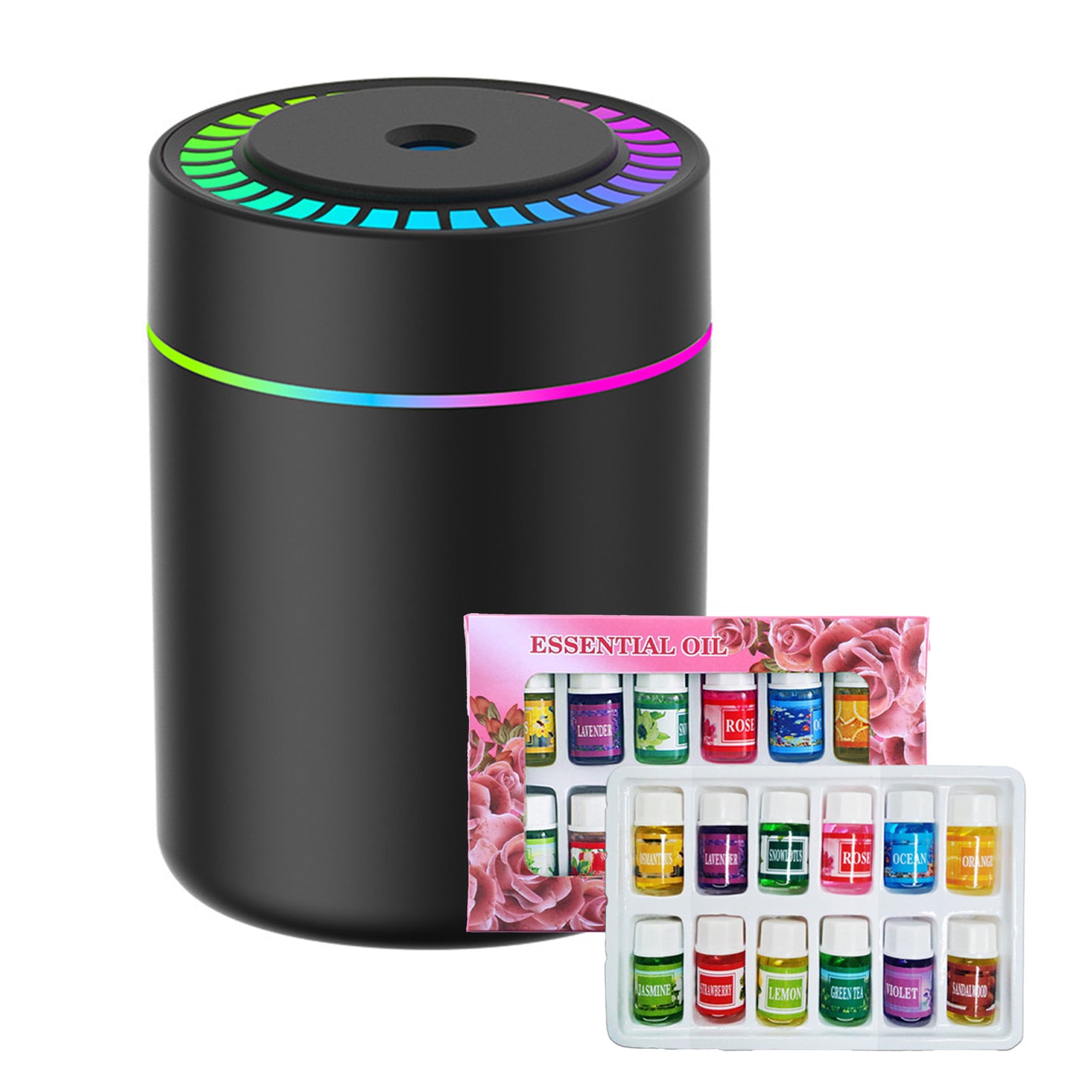 Portable Small Humidifier with Colorful LED Night Light, 12 Floral Water-Soluble Essential Oils Set