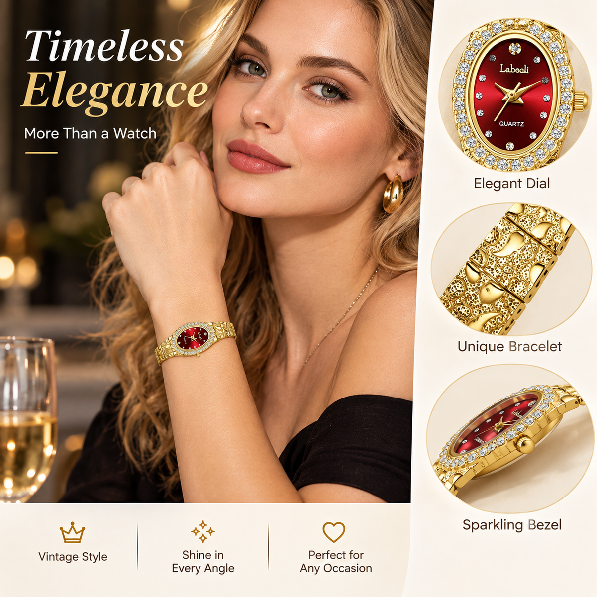 Elegant Women's Quartz Watch, Oval Rhinestone Inlay Dress Watches with Textured Alloy Band