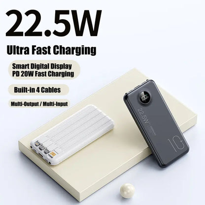 10000mAh Compact Portable Power Bank Charger - 22.5W Fast Charging Battery Power Bank with Built-in Cables