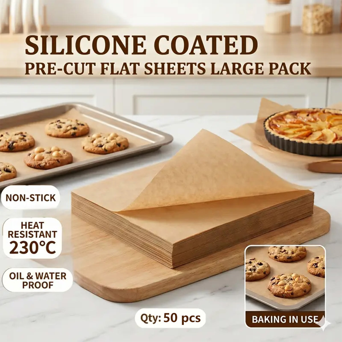 50Pcs Precut Rectangular Parchment Paper Sheets- Heavy-Duty Bakeware, Non-Stick Unbleached Brown
