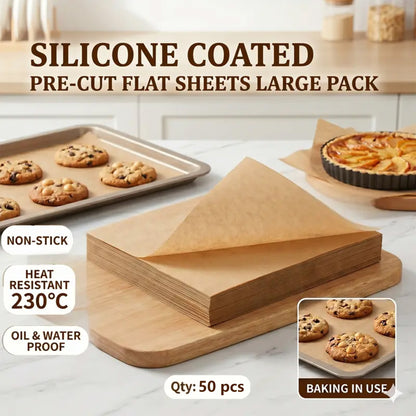 50Pcs Precut Rectangular Parchment Paper Sheets- Heavy-Duty Bakeware, Non-Stick Unbleached Brown