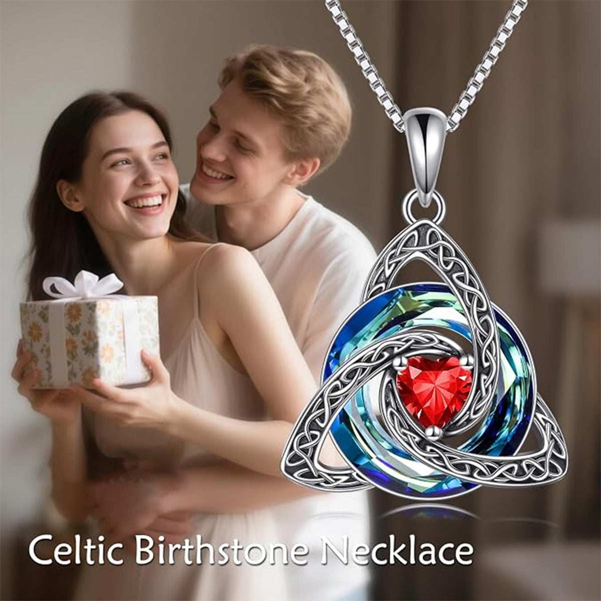 Celtic Birthstone Necklace Trinity Knot Triquetra Crystal Pendant Irish Scottish Jewelry