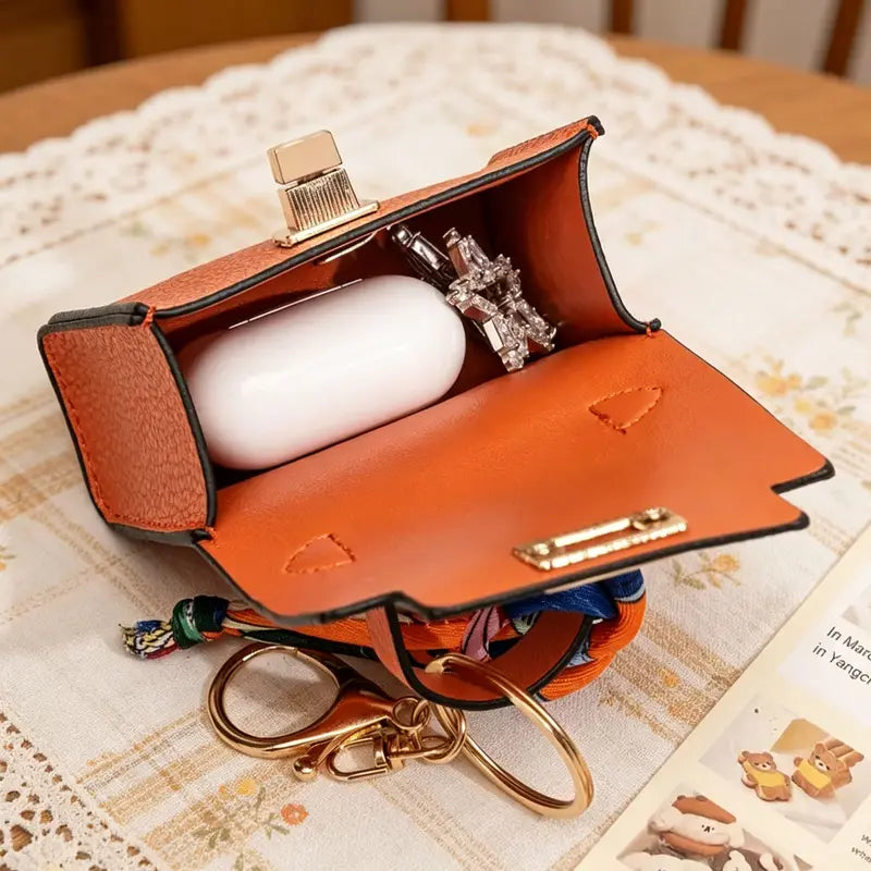 Mini Leather Square Bag Pendant Keychain with Colorful Strap