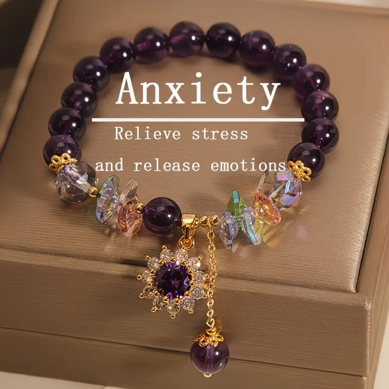 Healing Crystal/Purple Natural Bracelet, Adorned with Sunflower Decoration