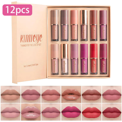 12Pcs Velvet Matte Liquid Lipstick Set, Non-Stick Cup Nude Lip Stain Kit