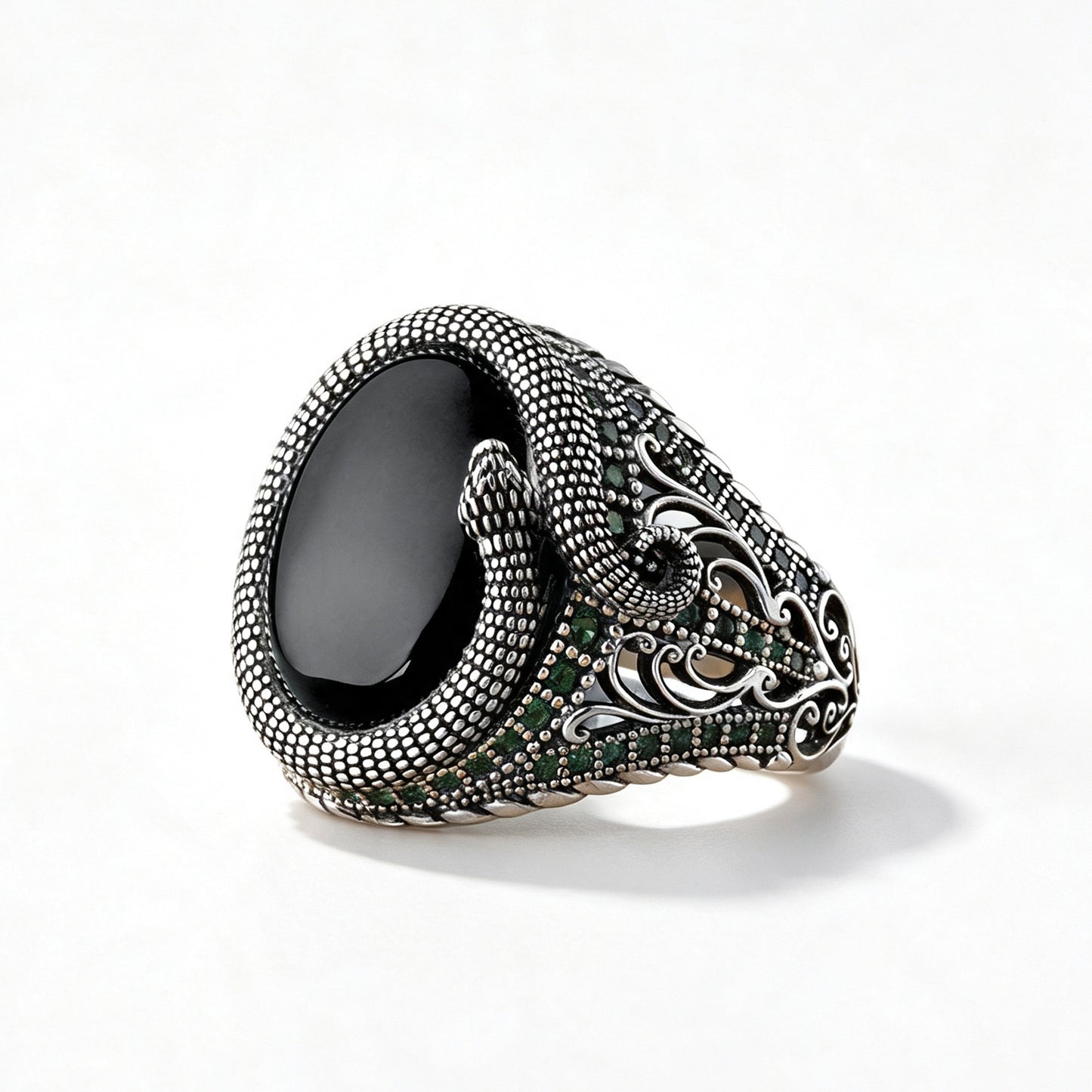 Oval Snake Mens Black Onyx Ring Adjustable