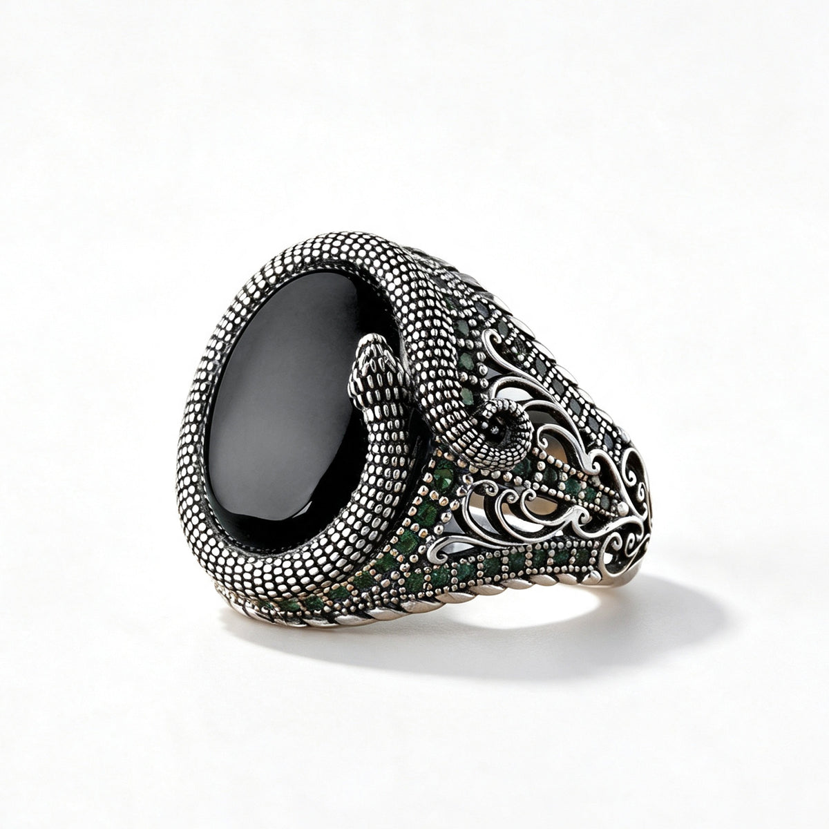 Oval Snake Mens Black Onyx Ring Adjustable