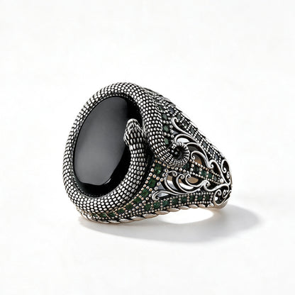 Oval Snake Mens Black Onyx Ring Adjustable