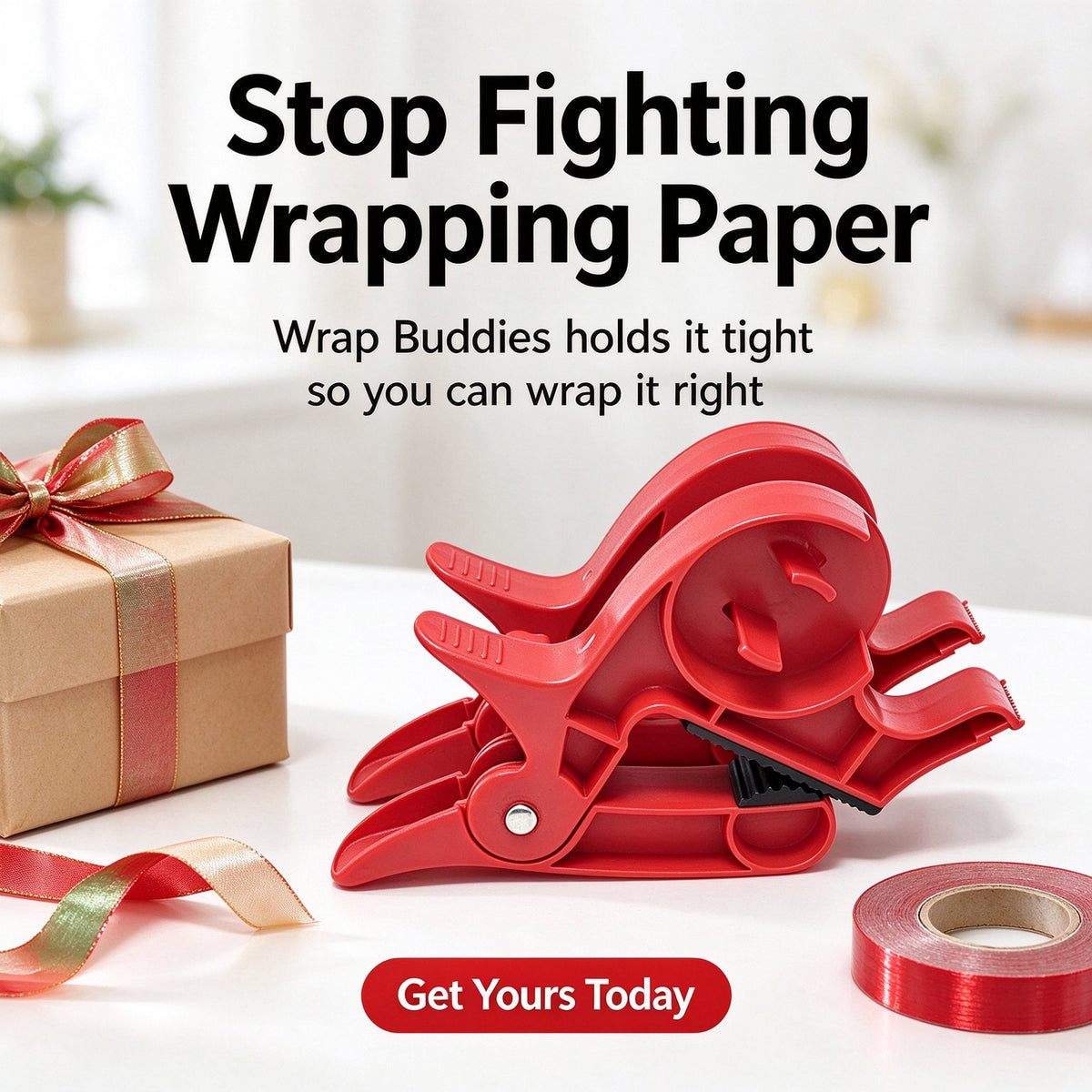 2-Piece Christmas Gift Wrapping Tape Dispenser and Paper Holder Clip Set
