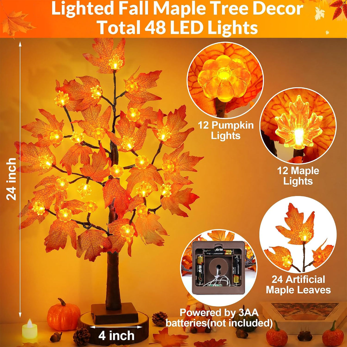 24 Inch Fall Maple Tree with 48LED Battery Operated Lighted Tabletop Artificial Tree with Pumpkin Acorn Maple Fall