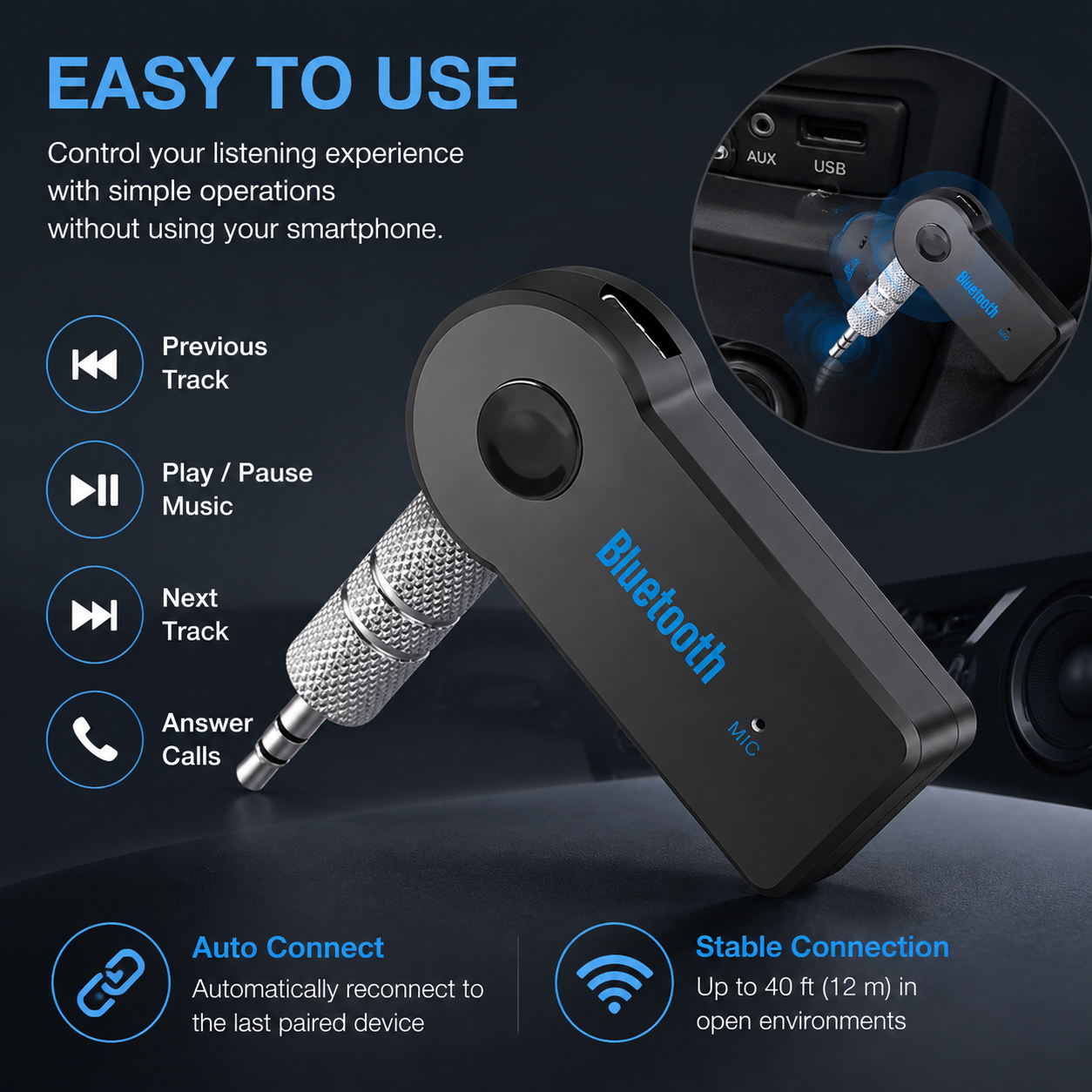 Bluetooth AUX Adapter for Car, Wireless Audio Receiver Portable Hands-Free Car Kits