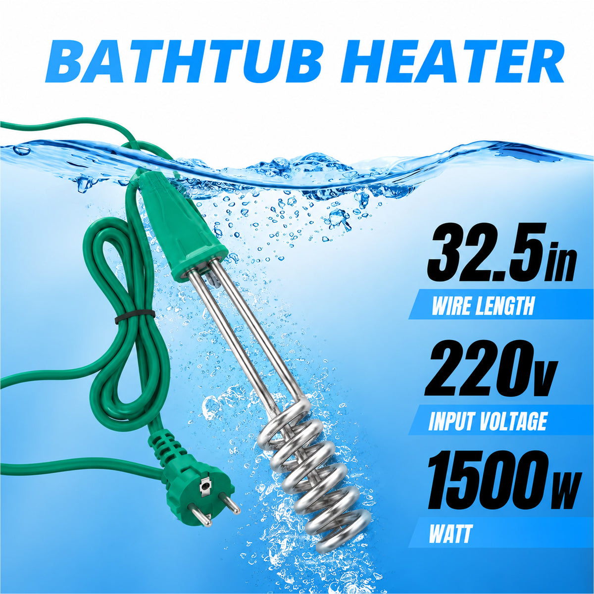 1500W-220V Immersion Water Heater for Camping, Water Bucket Heating