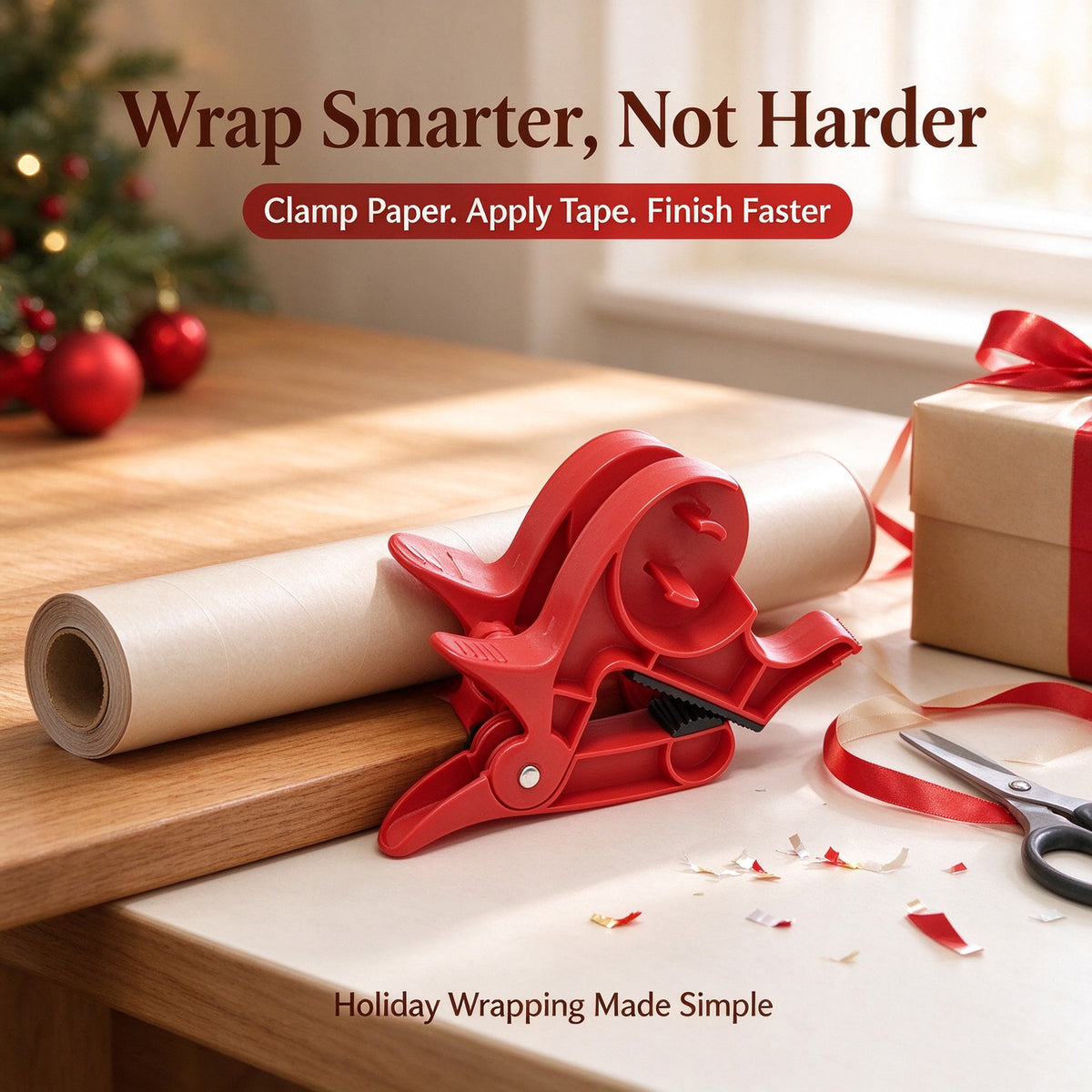 2-Piece Christmas Gift Wrapping Tape Dispenser and Paper Holder Clip Set