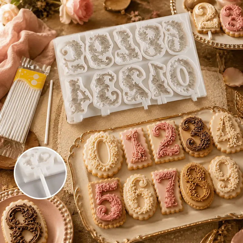 1Set Vintage Rose Floral Number Shape Silicone Mold - Baking Accessories
