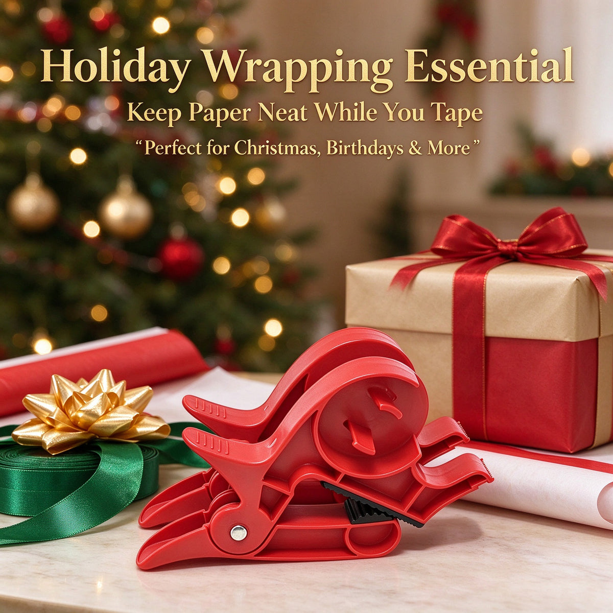 2-Piece Christmas Gift Wrapping Tape Dispenser and Paper Holder Clip Set