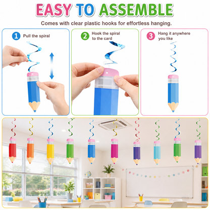 48Pcs Back to School Pencil Hanging Swirl Decorations,Welcome Back to School Foil Ceiling Swirls