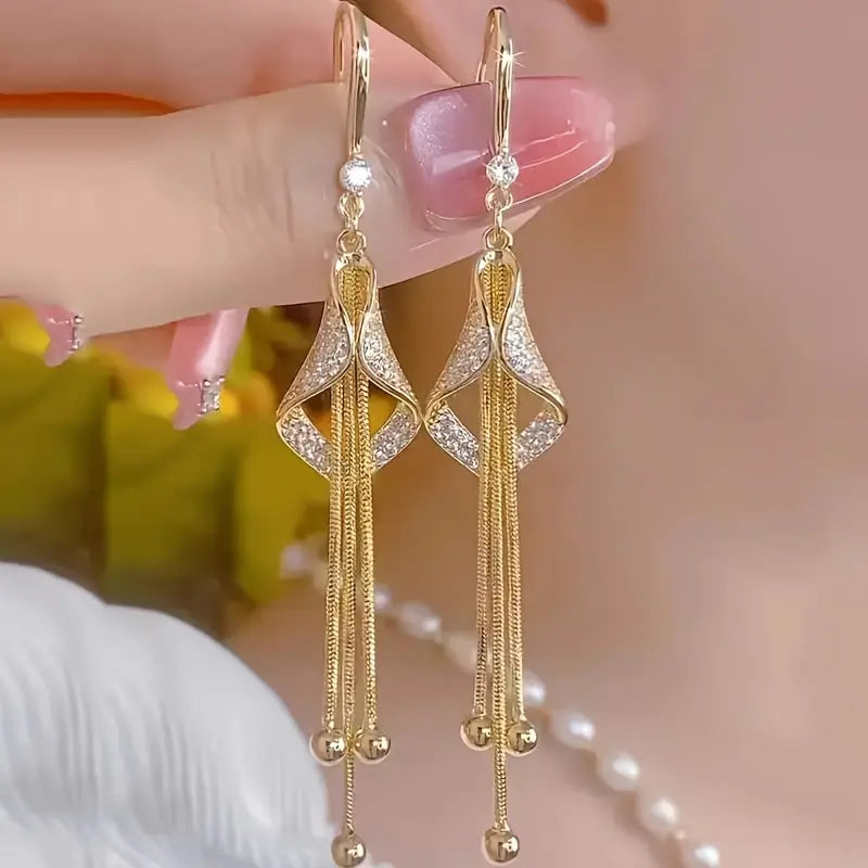 Elegant Rhinestone Tassel Earrings, Zinc Alloy Long Dangle Earrings