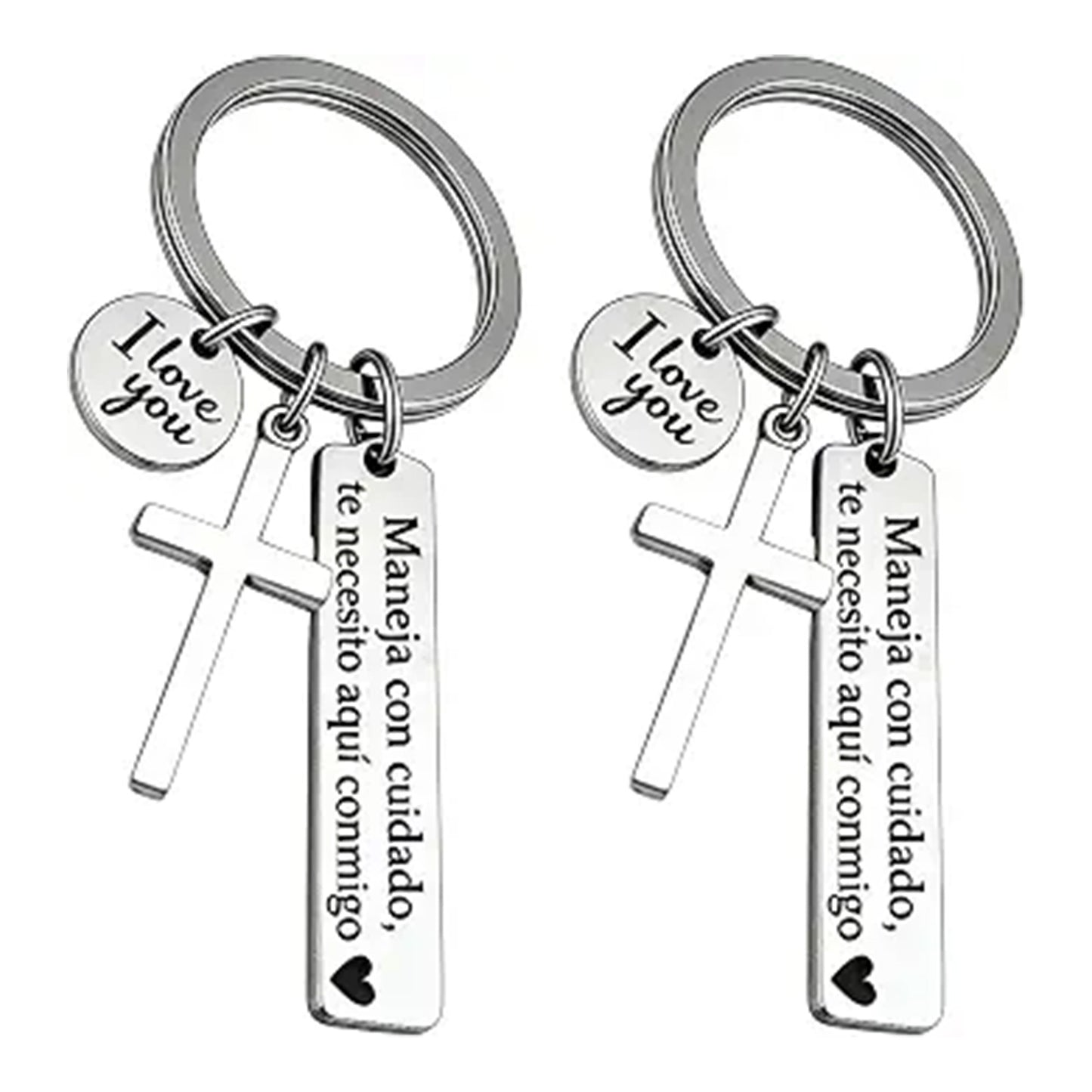 2Pcs Maneja Con Cuidado Te Necesito Aquí Conmigo Keychain, Drive Safe Keychain with Cross & I Love You Charm