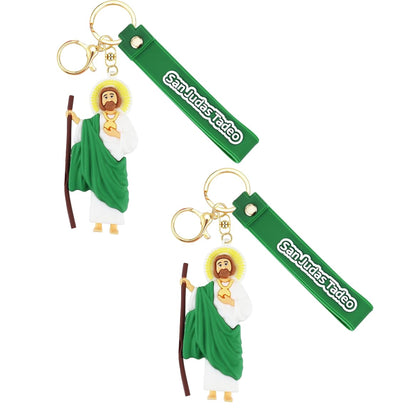 2Pcs Jesus Keychain with Wristlet San Judas Tadeo Keychain Charms Accessories for Car Keys Backpack