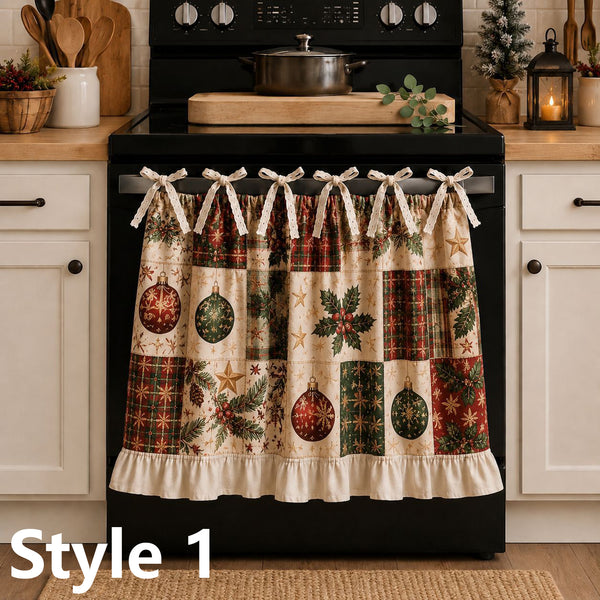 Christmas Stove Skirt, Patchwork Oven Curtain with Bow Tie Ties