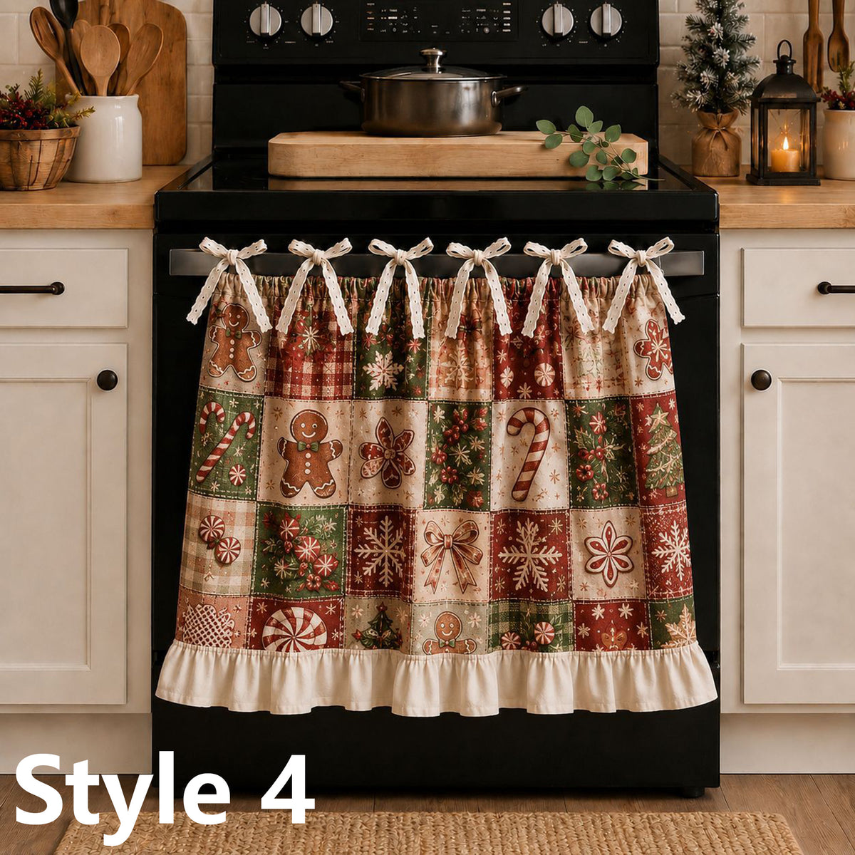 Christmas Stove Skirt, Patchwork Oven Curtain with Bow Tie Ties