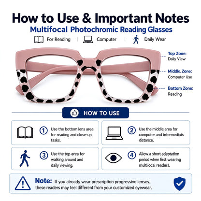 Unisex Progressive Multifocal Photochromic Reading Eyeglasses, UV-Protective Photochromic Lenses